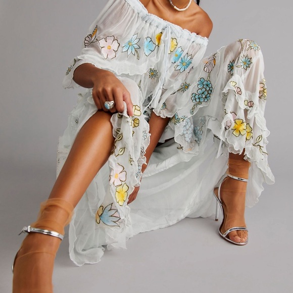 Free People Fillyboo Sweet Pea Tambourine Maxi Dress Off The Shoulder Gray Blue - Picture 4 of 6